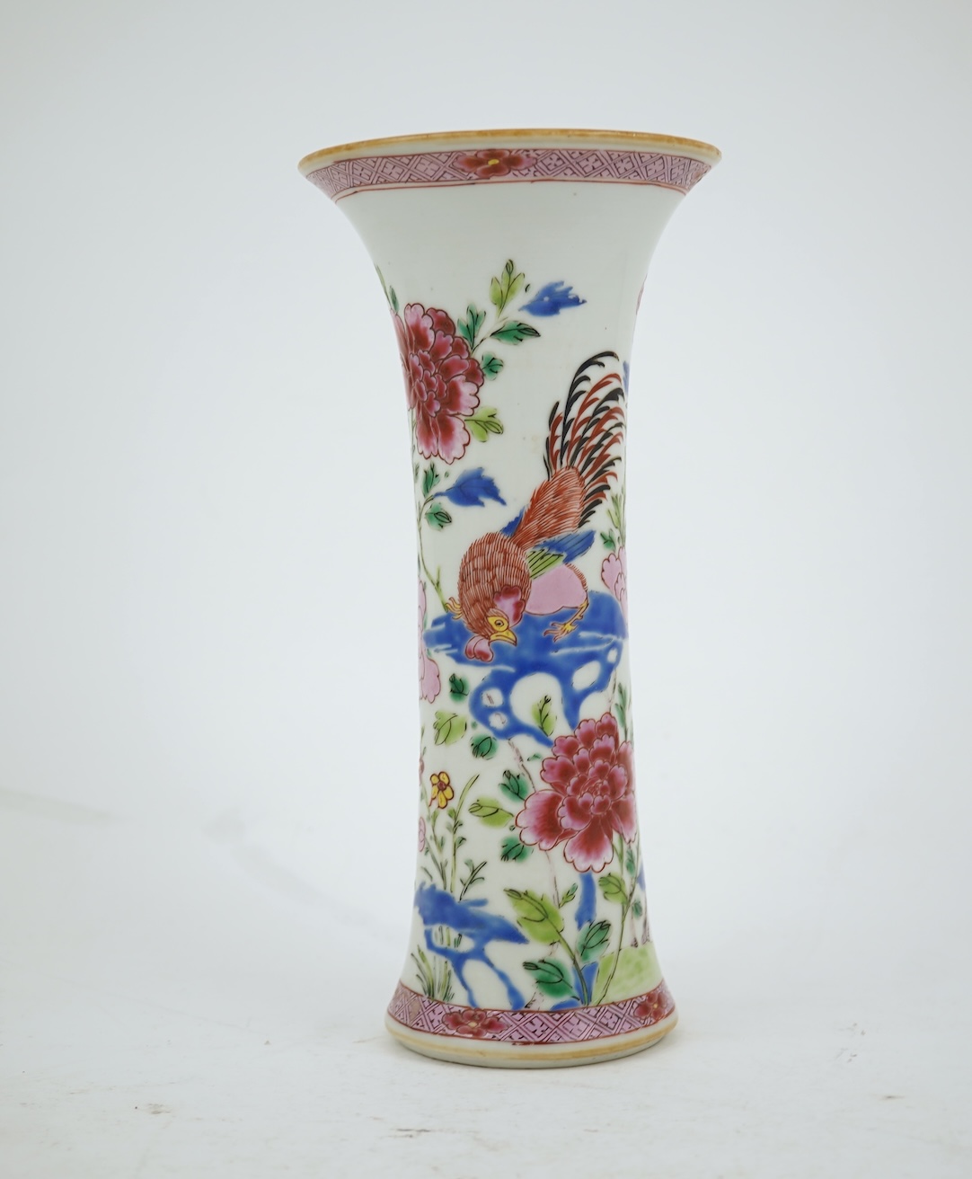 A Chinese famille rose ‘cockerel’ beaker vase, Qianlong period